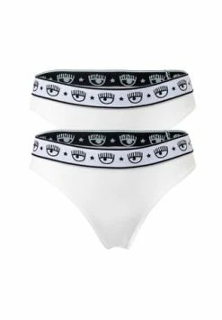 CHIARA FERRAGNI Damen String 2er Pack - Brief, Cotton Stretch, Logobund, Uni Weiß