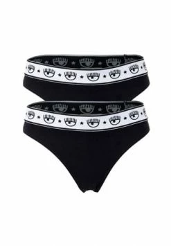 CHIARA FERRAGNI Damen String 2er Pack - Brief, Cotton Stretch, Logobund, Uni Schwarz