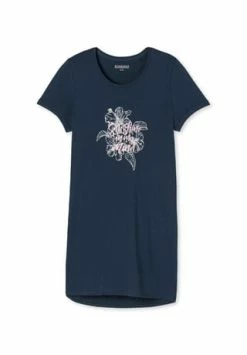 SCHIESSER Damen Nachthemd, 85 Cm - 1/2 Arm, Sleepshirt, Uni, Print, Rundhals Blau