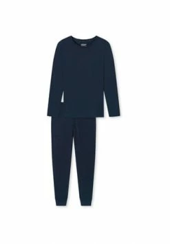 Uncover By SCHIESSER Damen Schlafanzug Set Lang, 2-tlg. - Rundhals, Baumwolle Dunkelblau