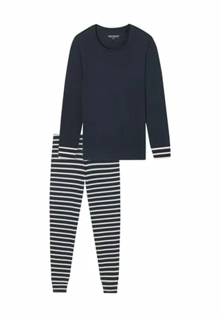 SCHIESSER Essentials Stripes Schlafanzug, Rundhals, Streifen, Uni, Für Damen 803 DUNKELBLAU 3 SCHIESSER Essentials Stripes Schlafanzug, Rundhals, Streifen, Uni, Für Damen 803 DUNKELBLAU