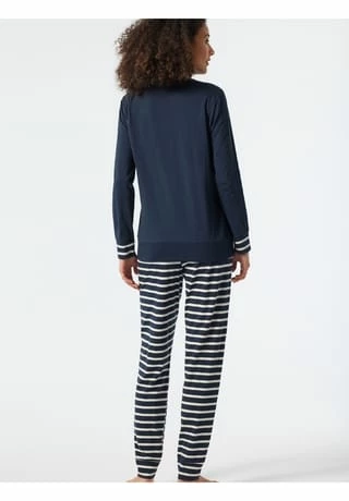 SCHIESSER Essentials Stripes Schlafanzug, Rundhals, Streifen, Uni, Für Damen 803 DUNKELBLAU 5 SCHIESSER Essentials Stripes Schlafanzug, Rundhals, Streifen, Uni, Für Damen 803 DUNKELBLAU – Bild 3