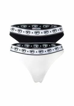 CHIARA FERRAGNI Damen String 2er Pack - Brief, Cotton Stretch, Logobund, Uni Schwarz/ Weiß